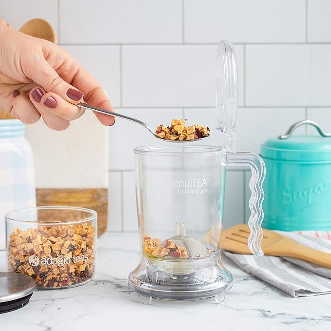ingenuiTEA Bottom-Dispensing Teapot, PBA-Free. Works with any tea and cup. Makes 16 oz of tea. Dishwasher-safe. The easiest way to prepare loose tea.