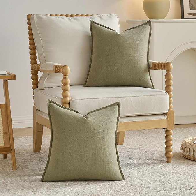 FUTEI Olive Green Chenille Throw Pillow Covers 16x16 Inch Set of 2,Edges Double-Stitched Cushion Cases,Modern Home Decor for Couch Living Room