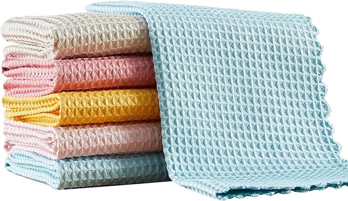 JOYMOOP Microfiber Cleaning Cloth, Reusable Absorbent Microfiber Cleaning Cloths, Kitchen Dish Cloth Waffle Weave 5 Pack, Mixed Color, 9.8×9.8inch