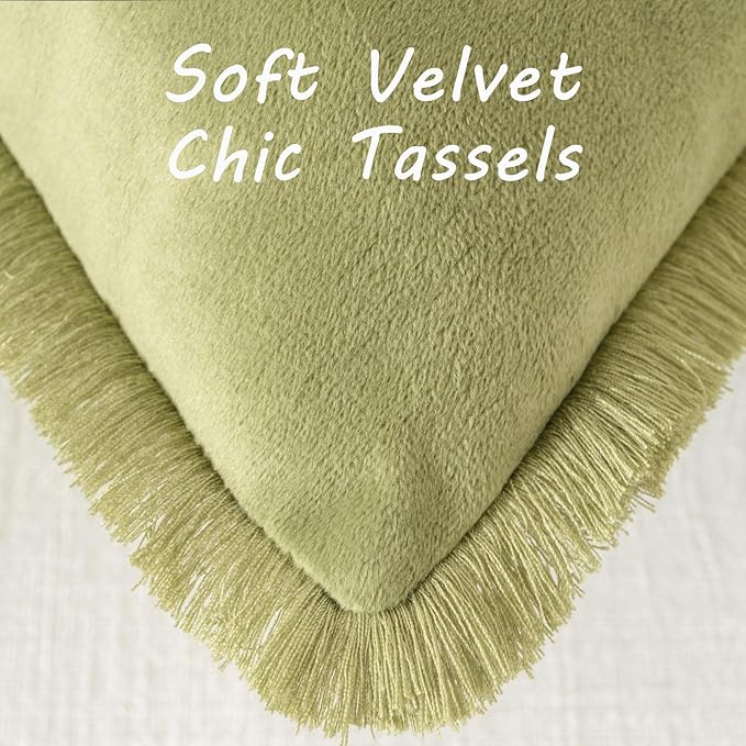 FUTEI Sage Green Velvet Decorative Throw Pillow Covers 26x26 Set of 2,Soft Cozy Edge with Tassels Euro Pillow Shams,Boho Modern Home Decor for Couch Bed Living Room