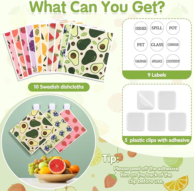 10 Pack Swedish Dishcloths for Kitchen- Reusable Paper Towels Washable Swedish Cloths Fruit Prints Dish Wipes with Adhesive Clips- Super Absorbent Fast Drying Kitchen Sponge for Cleaning Dishes