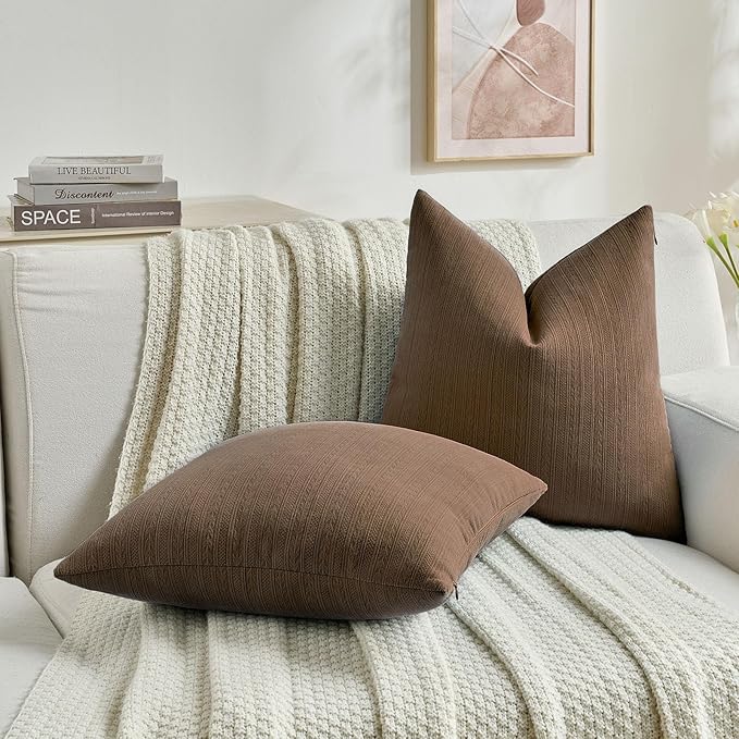 FUTEI Dark Brown Decorative Throw Pillow Covers 20x20 Inch Set of 2,Soft Cozy Wheat Ear Striped Patterns Cushion Cases,Modern Home Decor for Couch Bed Living Room