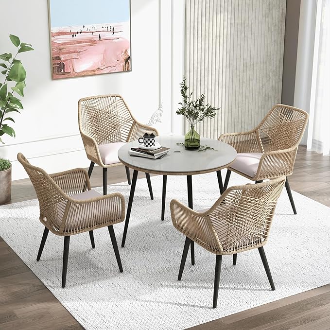 JOIVI 5 Pieces Outdoor Patio Dining Sets, Rattan Dining Chairs Set of 4 with Cushions, Outdoor Round Table with Tempered Glass Tabletop & 2.16”Umbrella Hole, Tan