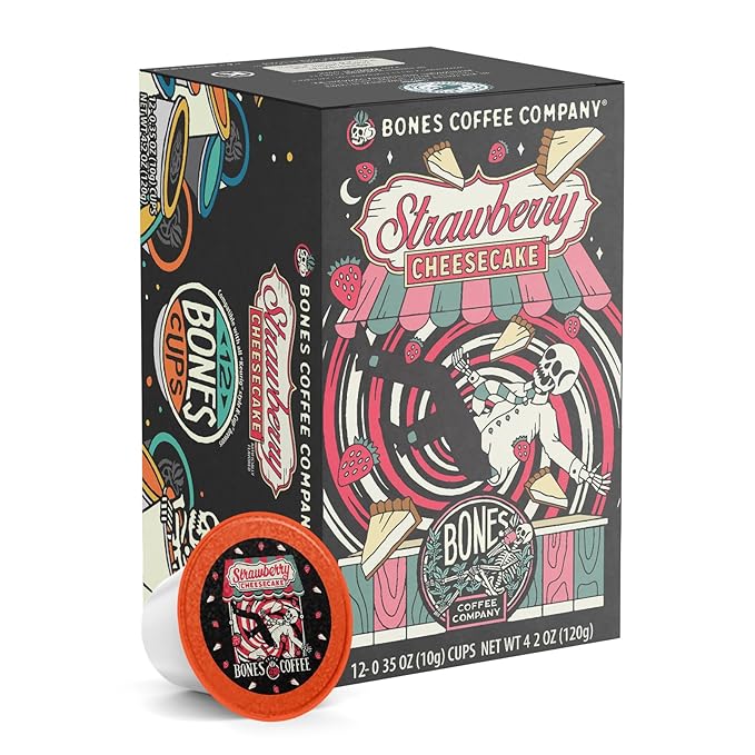Bones Coffee Company Strawberry Cheesecake Flavored Coffee Pods, Low Acid Medium Roast Single-Serve Bones Cups, Compatible with 1.0 & 2.0 K-Cups Brewers Coffee Maker, 12 Count