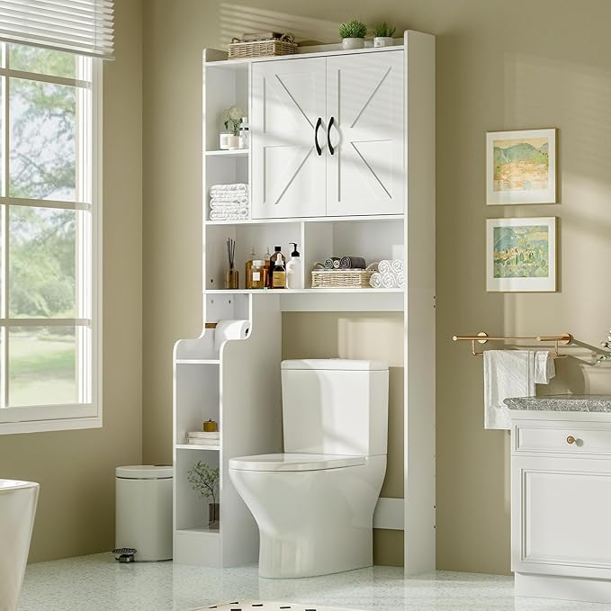 Over The Toilet Storage Cabinet with Barn Doors, Rustic Bathroom Organizer, Space-Saving Shelf for Laundry, White
