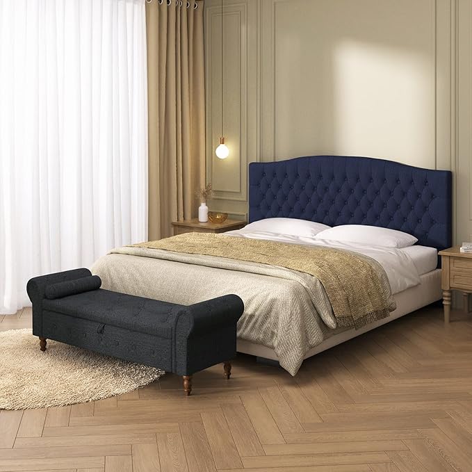 Linen Upholstered Headboard King/Cal King Size Latest Model Wall Mount, Bed Frame Mount, Featuring High-Density Sponge Padding, Luxury Texture Easy Assembly Comfort and Style-Navy Blue
