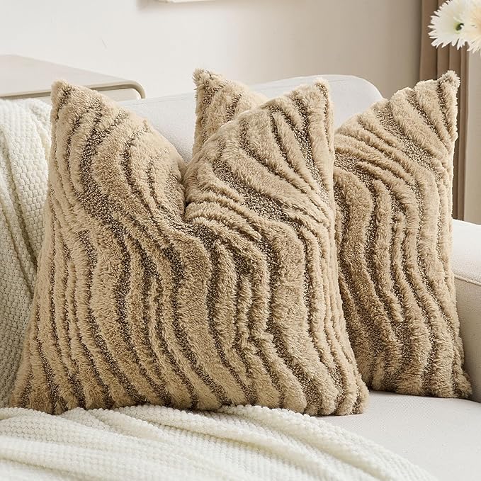 FUTEI Khaki Decorative Throw Pillow Covers 22x22 Inch Set of 2,Soft Faux Fur Geometric Shapes Texture Cushion Case,Boho Home Decor for Couch Bed Living Room