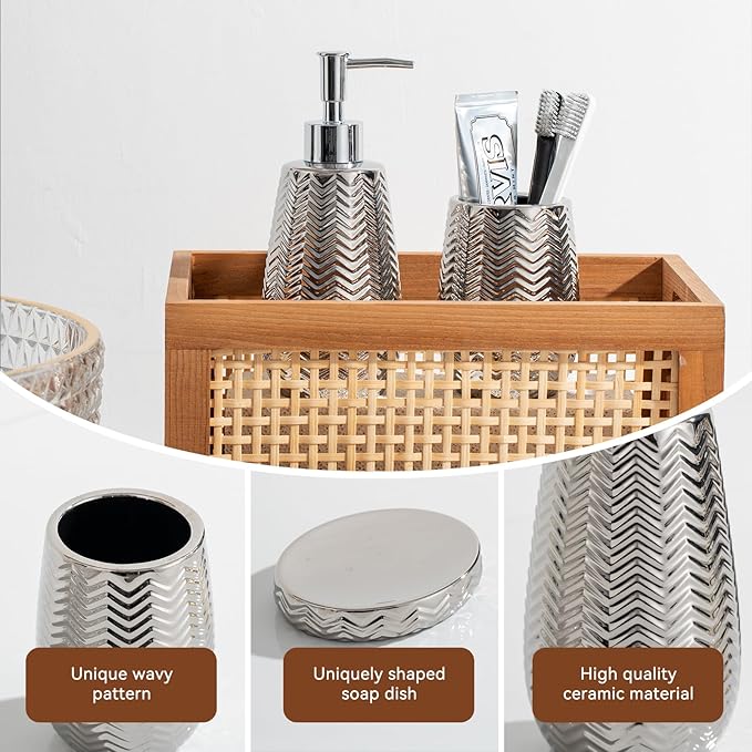 Silver Bathroom Accessories Set 3 Piece, Soap Dispenser, Toothbrush Holder and Soap Dish, Wave Design Stylish Elegant Ceramic Bathroom Decor
