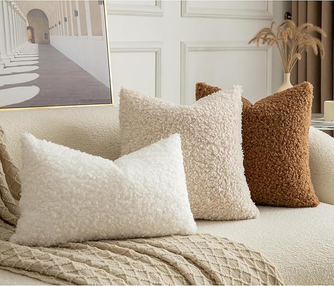 Pack of 2 Curly Teddy Wool Faux Fur Throw Pillow Covers Fuzzy Accent Soft Sherpa Pillowcases Sheepskin Fleece Decorative Cushion Case for Sofa Couch Living Room 12x20 Inch Bronze