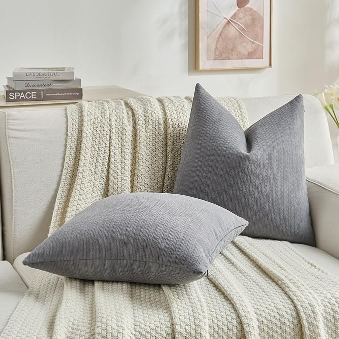 FUTEI Dark Grey Decorative Throw Pillow Covers 22x22 Inch Set of 2,Soft Cozy Wheat Ear Striped Patterns Cushion Cases,Modern Home Decor for Couch Bed Living Room