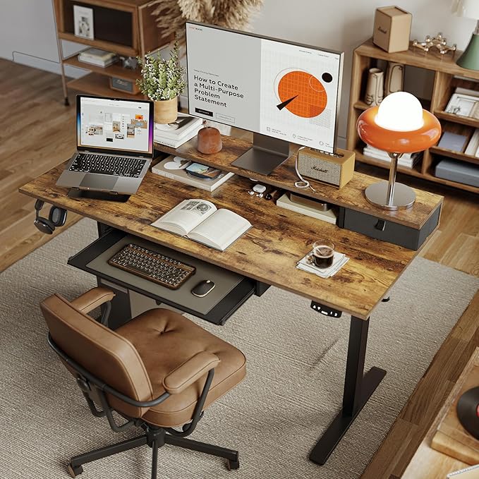 Agilestic Electric Standing Desk with 2 Drawers and Keyboard Tray, 48 x 23 Inches Ergonomic Adjustable Height Desk with Storage, Sit Stand Computer Workstation, Rustic Brown
