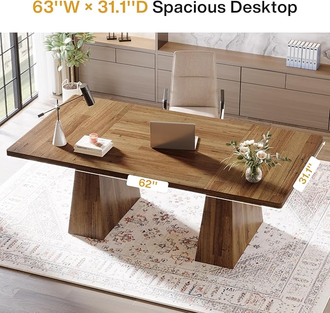 Tribesigns 63-Inch Executive Desk, Large Office Computer Desk with Double Pedestal, Modern Simple Workstations Writing Table Conference Table Business Furniture for Home Office, Light Brown