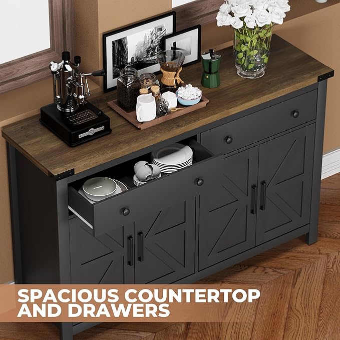 55" Sideboard Buffet Cabinet with Storage, Coffee Bar Cabinet with 2 Drawers and 4 Barn Doors, Long Storage Cabinet Modern Farmhouse, Black Wood, for Kitchen, Dining Room, Living Room