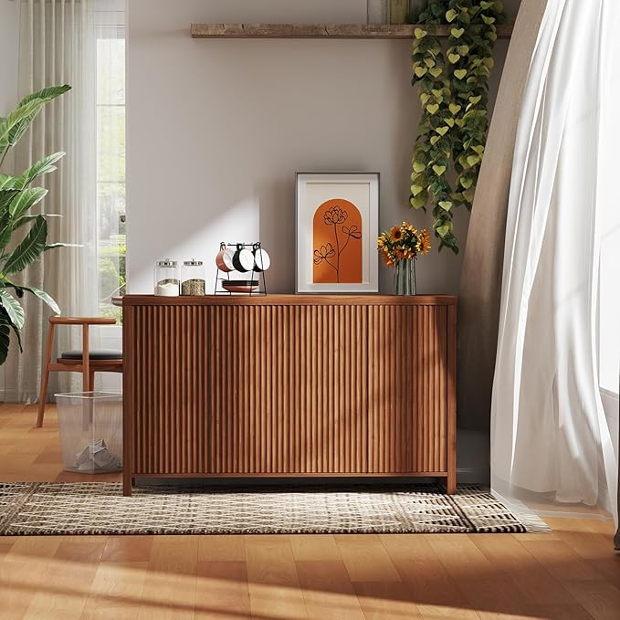 YOUDENOVA Fluted Buffet Cabinet with Storage Set of 2, Modern Sideboard Cabinets with 4 Doors & Adjustable Shelves, Accent Credenza Storage Cabinet, Wood Entryway Cabinet for Living Room, Brown