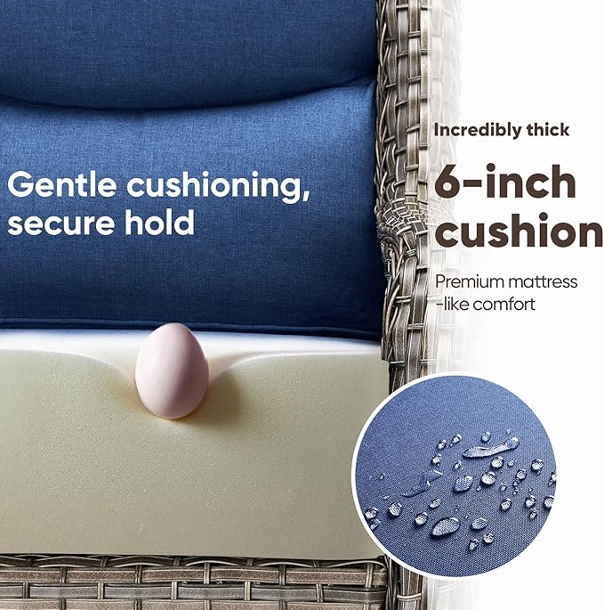 Swivel Patio Chairs sofa Set of 6 with 6" Thick Cushion - Wicker Outdoor Swivel Rocker Patio Chair ,Sofa/Glass coffee table, High Back Comfortable Outdoor Glider Chairs - Gery Wicker Blue Cushions