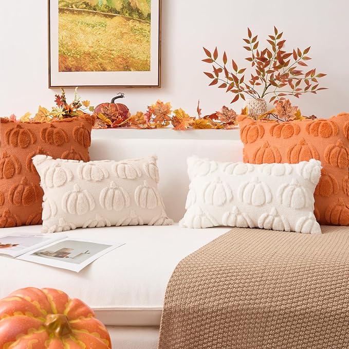 Kevin Textile Fall Pillow Covers 20x20 Inch Set of 2 Soft Pumpkins Decorative Square Pillowcases Plush Autumn Faux Fur Cushions Harvest Gift for Couch Sofa Chair Bedroom Home Decor, Rust