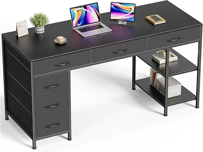 Huuger Computer Desk with 6 Drawers, 54 Inch Office Desk with Shelves, Reversible Gaming Desk, Corner Desk with Storage, Work for Home Office, Study, Living Room, Black