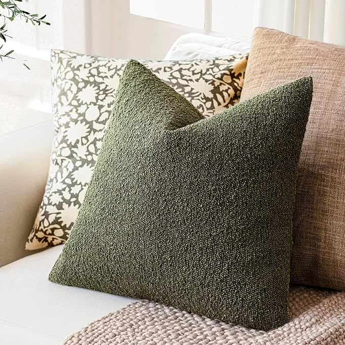 Foindtower Pack of 2, Decorative Textured Boucle Throw Pillow Covers Neutral Accent Solid Pillow Cases Cozy Soft Couch Cushion Case for Chair Sofa Bedroom Living Room Home Decor 22x22 Inch Moss Green