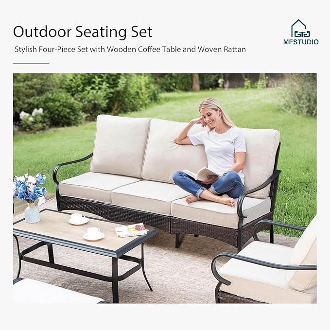 MFSTUDIO 6 PCS Outdoor Patio Furniture Set, Metal Outdoor Conversation Set, Rattan Wicker Patio Sectional Sofa Set with 2 x Swivel Single Sofa, 3-Seat Sofa, 2 x Ottoman, 1 x Coffee Table, Beige