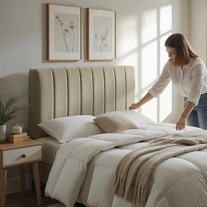 Upholstered Full Headboard - Easy Assemble Channel Stitched Headboard Full Size - Wall Mounted Headboards with 3D Soundproof Wall Panels Peel & Stick Floating Headboards, Linen