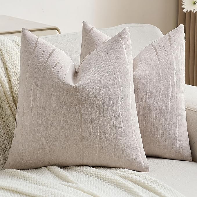 FUTEI Beige Chenille Decorative Throw Pillow Covers 18x18 Inch Set of 2,Soft Embossed Striped Textured Cushion Case,Modern Home Decor for Couch Bed Living Room