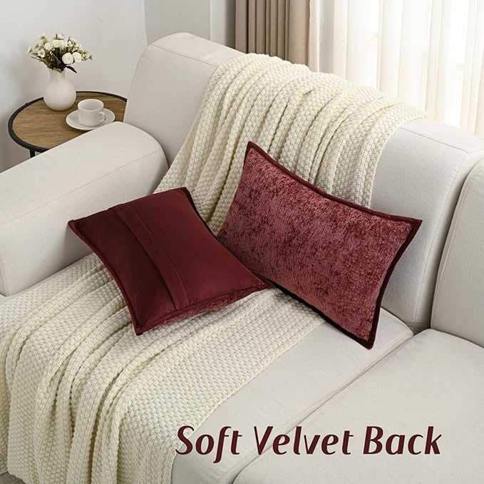 FUTEI Burgundy Chenille Throw Pillow Covers 12x20 Inch Set of 2,Soft Cozy Bound Edge Design Lumbar Pillow Cases,Home Decor for Couch Bed Living Room