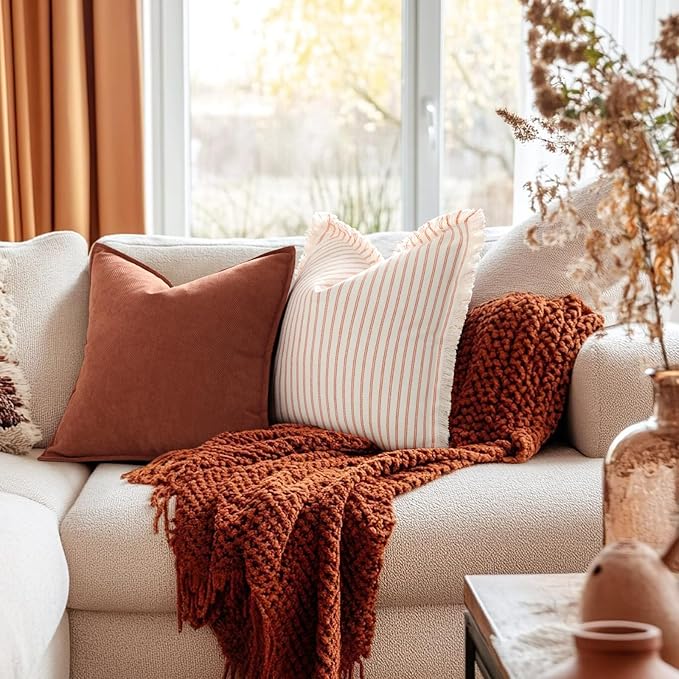ZWJD Rust Throw Pillow Covers 24x24 Set of 2 Chenille Fall Pillow Covers with Elegant Design Soft and Luxurious Decorative Throw Pillows for Couch, Bed, and Home Decor