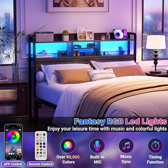 Unikito Headboard for Queen Size Bed with Storage Shelf, Head Board with 3 Outlets and 2 USB Ports, Headboards with RGB LED Light, Height Adjustable, Sturdy and Stable, Easy Assembly, Black Oak