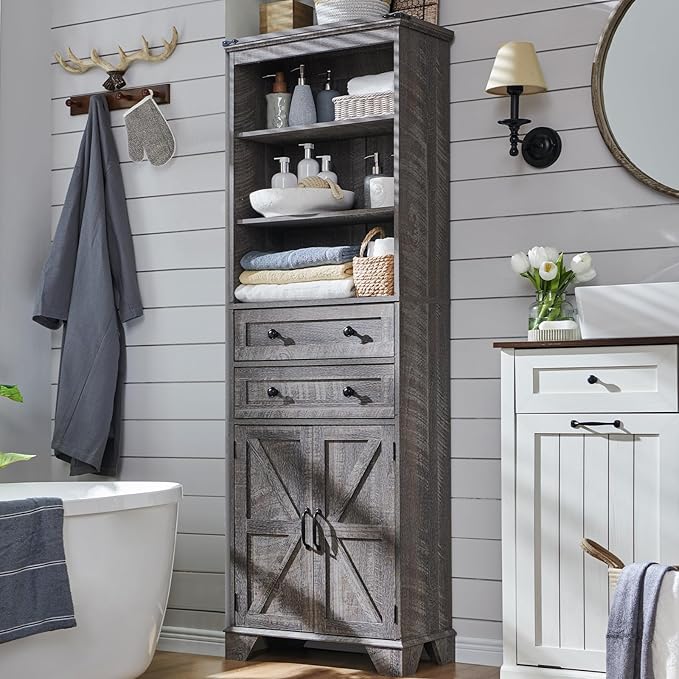 ACCOHOHO Bathroom Storage Cabinet, 72" Tall Farmhouse Storage Cabinet with 2 Drawers, Adjustable Shelves & Barn Door, Cabinet for Bathroom, Living Room, Kitchen, Grey Wash