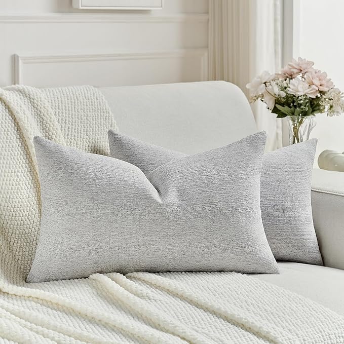FUTEI Light Grey Chenille Decorative Throw Pillow Covers 12x20 Inch Set of 2,Soft Cozy Faux Linen Textured Lumbar Pillow Cases,Farmhouse Home Decor for Couch Living Room