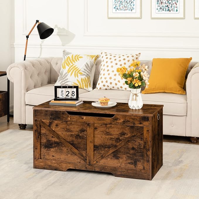 HOOBRO Storage Bench, 39.4” Retro Wooden Storage Chest with U-Shaped Cut-Out Pull, Safety Hinge, Supports 220 lb and Easy Assembly for Toy Box Organizer (Rustic Brown) BF771CW01