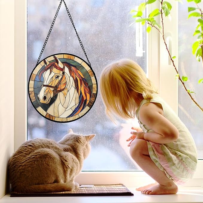 Stained Glass Window Hanging, Animal Horse Colored Mane Sun Catchers Glass Panel Cool Suncatcher Decor for Birthday for Women, Men, Wife, Aunt, and Mom 9.8 in