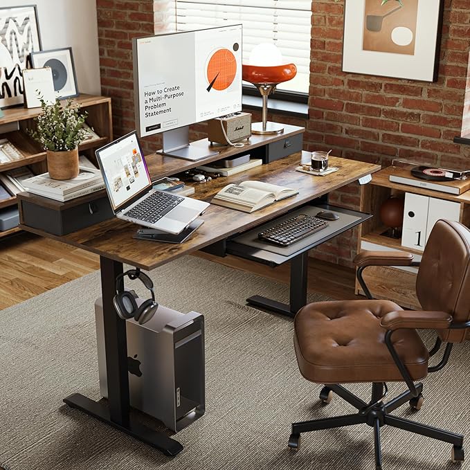 Agilestic Electric Standing Desk with 2 Drawers and Keyboard Tray, 48 x 23 Inches Ergonomic Adjustable Height Desk with Storage, Sit Stand Computer Workstation, Rustic Brown