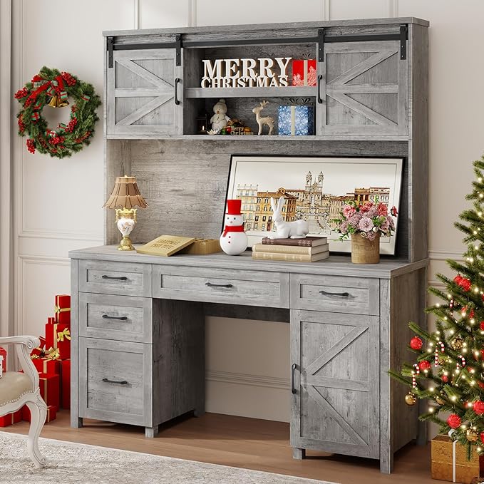 Farmhouse 67''H Executive Desk with Hutch & 5 Drawers, Rustic Office Desks Computer Desks with Charging Station, File Drawers and Storage Cabinets, Wood Workspace for Home Office & Study.（Grey）.
