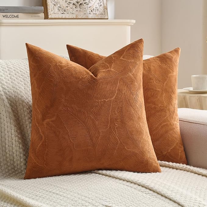 FUTEI Rust Velvet Throw Pillow Covers 18x18 Inch Set of 2,Soft Embossed Leaf-Relief Textured Cushion Cases,Natural Home Decor for Couch Living Room