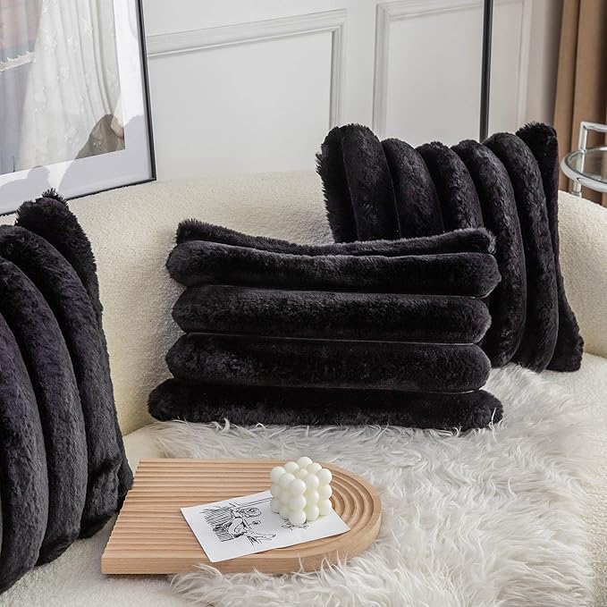 Neelvin Black Faux Fur Cozy Soft Striped Decorative Throw Pillow Covers 12x20 inch Set of 2,Velvet Pillowcase Cushion Case for Sofa Couch