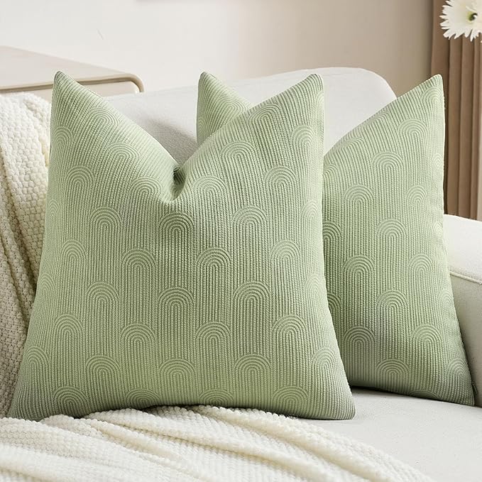 FUTEI Sage Green Chenille Decorative Throw Pillow Covers 20x20 Inch Set of 2,Soft Cozy Striped Geometric Patterns Cushion Case,Modern Home Decor for Couch Bed Living Room