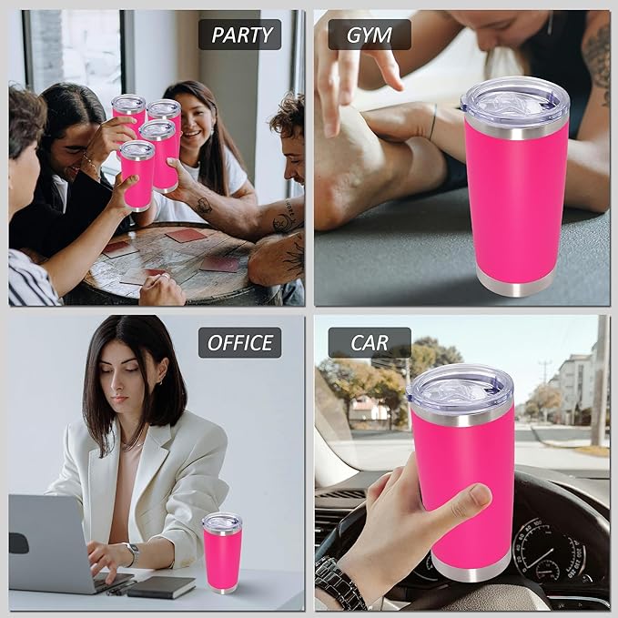 20oz Tumbler Bulk Stainless Steel Tumblers with Lid Vacuum Insulated Double Wall Travel Coffee Mug Powder Coated Tumbler Cup for Hot and Cold Drinks(Hot Pink, 1 pack)