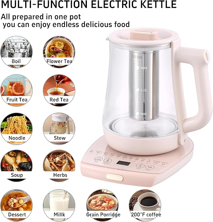 Health Pot Electric Kettle with Infuser,Smart Fruit Hot Tea Maker, Temperature Control and Tea Keep Warm, 12 Functional Procedures, 1.8 Liters of Capacity(pink)