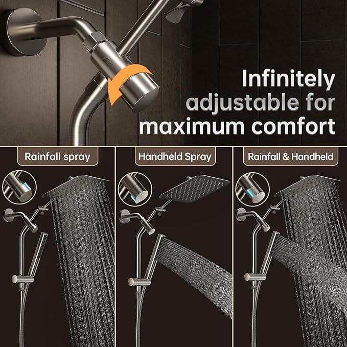 Veken 10" Luxurious Brushed Nickel All Metal Rain Shower Head with Handheld Spray Combo, High Pressure Rainfall Square Shower Heads with Extension Arm, Wide Dual Showerhead, Bathroom Accessories