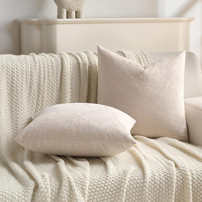 FUTEI Beige Velvet Throw Pillow Covers 16x16 Inch Set of 2,Soft Embossed Leaf-Relief Textured Cushion Cases,Natural Home Decor for Couch Living Room