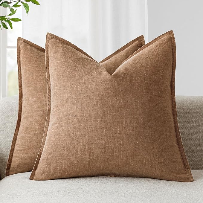 Foindtower Pack of 2, Decorative Linen Soild Throw Pillow Covers Soft Accent Cushion Case Boho Farmhouse Pillowcase for Chair Couch Sofa Bedroom Living Room Home Decor 16 x 16 Inch Light Khaki Brown