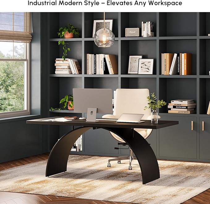 homary 70.9" Industrial Executive Desk, Black Top Desk Modern Home Desk with Arched Design Legs for Study, Office, Home Office