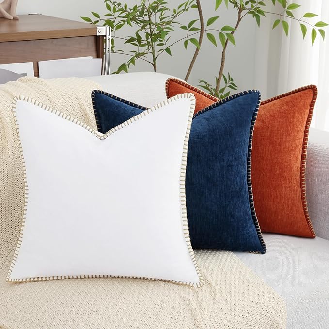 decorUhome Chenille Soft Throw Pillow Covers 16x16 Set of 2, Farmhouse Velvet Neutral Decorative Euro Pillow Covers with Stitched Edge for Couch Sofa Bed Home Decor, White