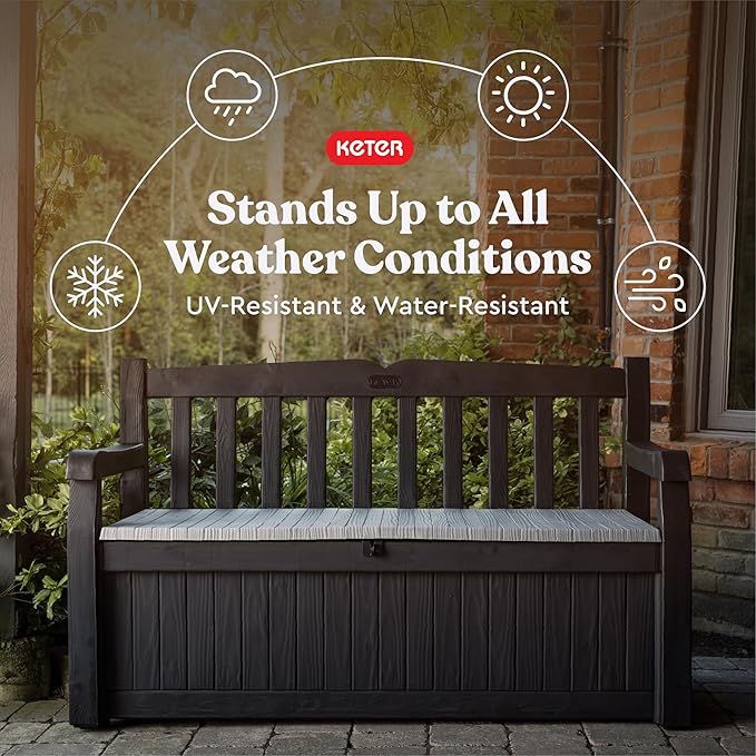 Keter Solana 70 Gallon Storage Bench Deck Box for Patio Storage, Front Porch Decor and Outdoor Seating – Perfect to Store Garden Tools and Pool Floats, Graphite