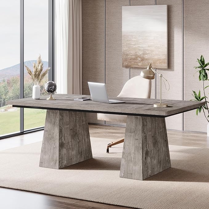 Tribesigns 63-Inch Executive Desk, Large Office Computer Desk with Double Pedestal, Modern Simple Workstations Writing Table Conference Table Business Furniture for Home Office, Grey