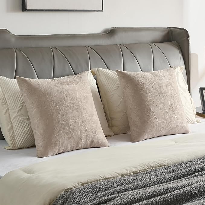 FUTEI Oatmeal Velvet Throw Pillow Covers 26x26 Inch Set of 2,Soft Embossed Leaf-Relief Textured Euro Pillow Shams,Natural Home Decor for Couch Living Room