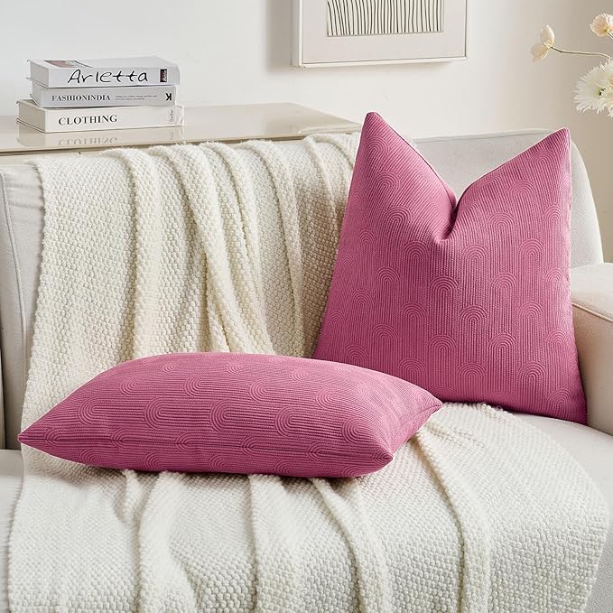 FUTEI Hot Pink Chenille Decorative Throw Pillow Covers 24x24 Inch Set of 2,Soft Cozy Striped Geometric Patterns European Cushion Cases,Modern Home Decor for Couch Bed Living Room