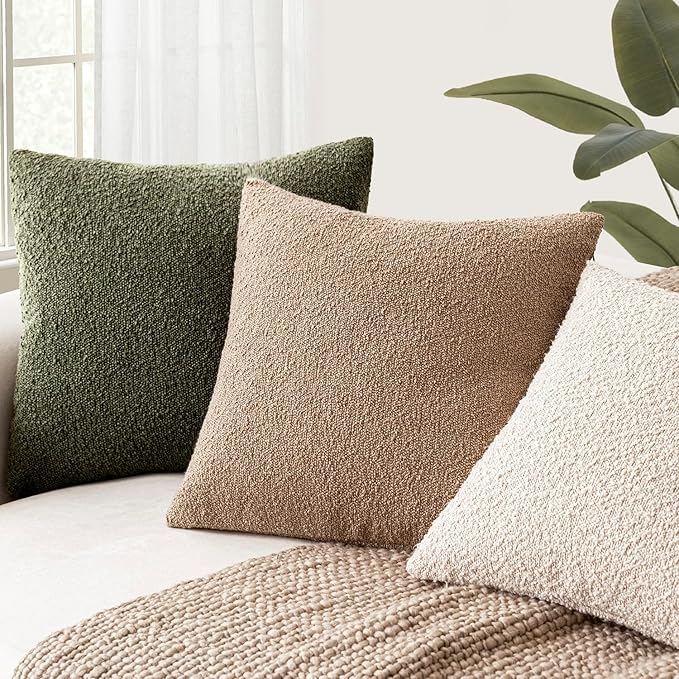 Foindtower Pack of 2 Textured Boucle Throw Pillow Covers Accent Solid Pillow Cases Cozy Soft Decorative Couch Cushion Case for Chair Sofa Bedroom Living Room Home Decor 18x18 Inch Moss Green