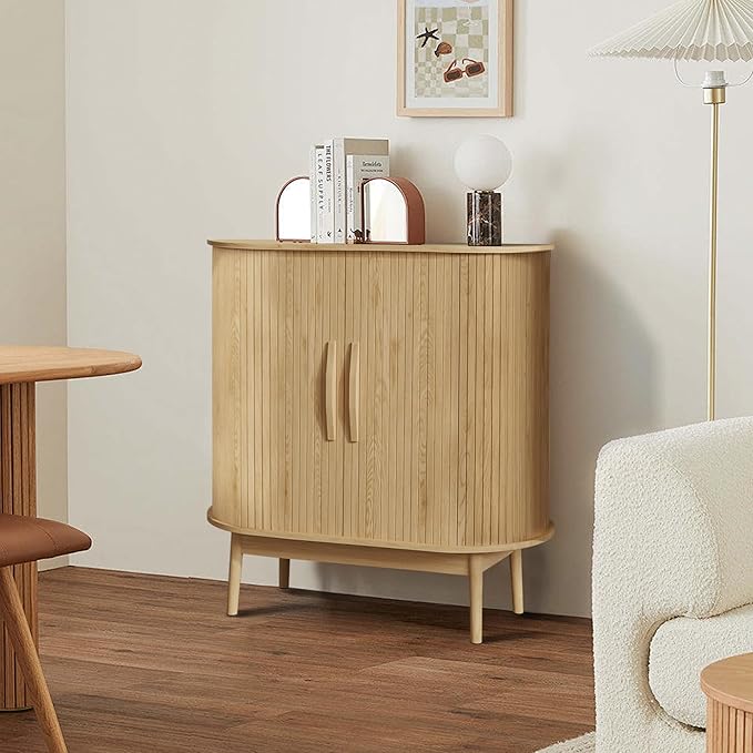31" Small Sideboard Buffet Cabinet with Storage, Sliding Doors, Wooden Narrow Accent Storage Cabinet, Modern Buffet Table for Kitchen, Living Room (Wood)